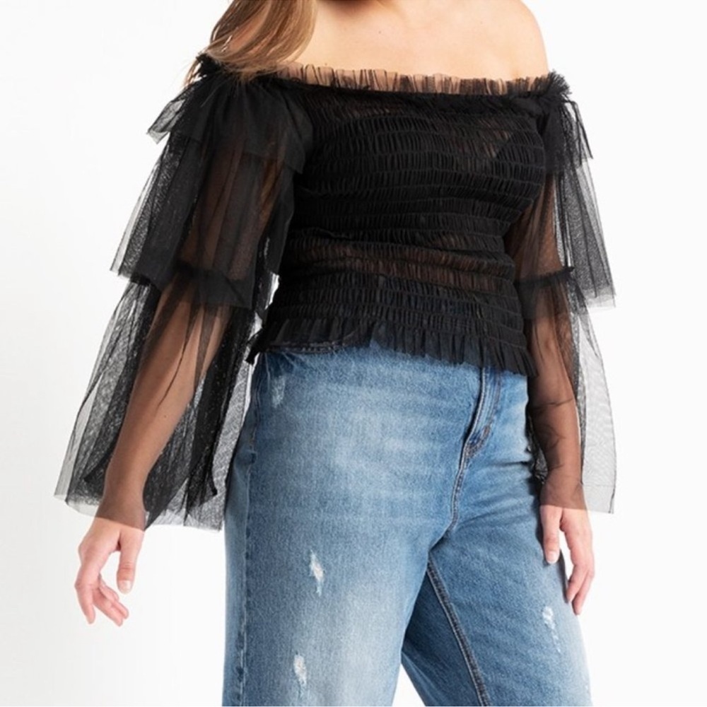 Eloquii Tulle Bodice Off The Shoulder Top Black Size 16
